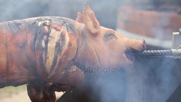 돼지, 코 팡 안, 태국에서에서 길거리 음식 시장에서 구운된 돼지 구이 — 비디오