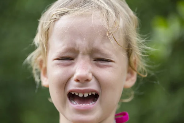 Piękne smutne mała dziewczynka płacze, na tle lato — Zdjęcie stockowe