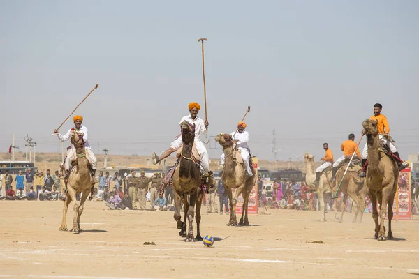 Gli uomini indiani giocano a polo cammello al Desert Festival a Jaisalmer, Rajasthan, India . — Foto Stock