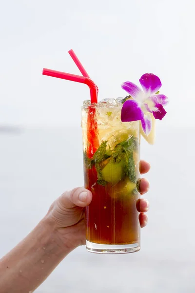 라임, 민트와 파인애플, 열 대 해변 음료 상쾌를 닫습니다. 모 히 토 칵테일 — 스톡 사진
