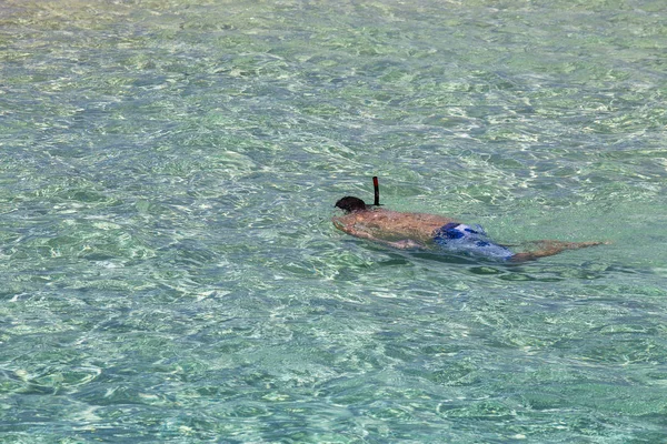 Ο άνθρωπος με μια μάσκα για κολύμβηση με αναπνευστήρα επιπλέει στο νερό της θάλασσας. — Φωτογραφία Αρχείου