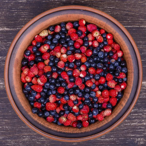 Färska jordgubbar och blåbär, vilda bär. — Stockfoto