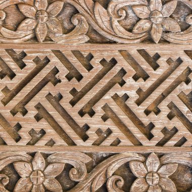 Ubud, Bali, Endonezya bir tapınağın güzel oyma ahşap kapı detay