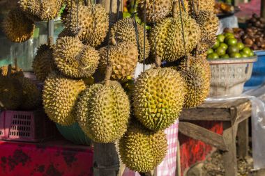 Meyve pazarında durian meyvesi kadar yakın. Ada Bali, Endonezya
