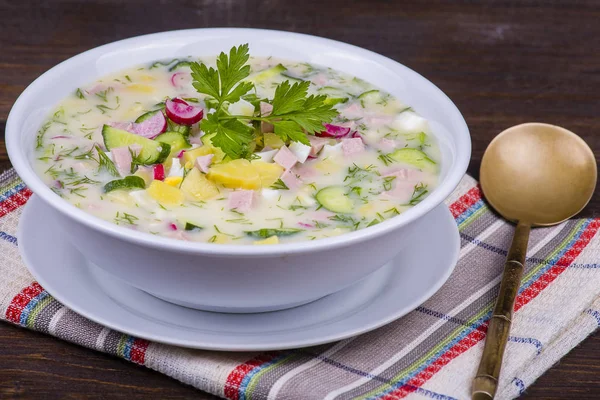 Sopa de verduras frías en yogur, base de leche agria - okroshka —  Fotos de Stock