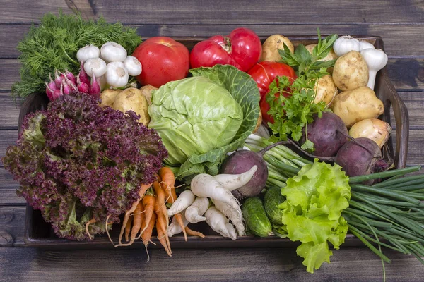 Surtido de verduras frescas sobre fondo de bandeja de madera — Foto de Stock