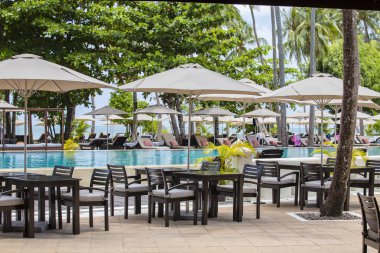 Güzel tropikal plaj, palmiye ağacı, deniz su, şemsiye ve şezlong güneşli bir günde. Tayland