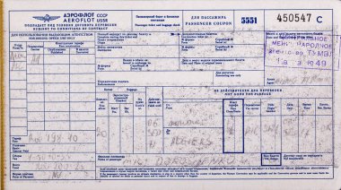 Moskova'nın eski uçak bileti Algeria Aeroflot tarafından. Ayrılış tarihinde 6 Eylül 1971