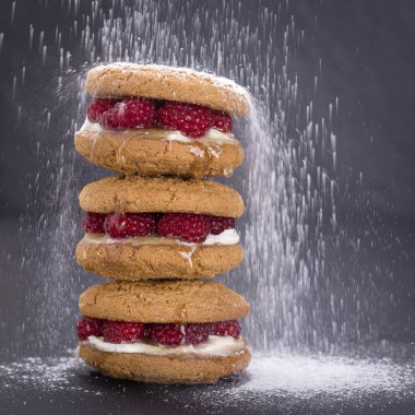 Yulaf kurabiye ham ahududu, bal ve siyah arduvaz arka plan üzerinde yumuşak peynir ile yakın çekim