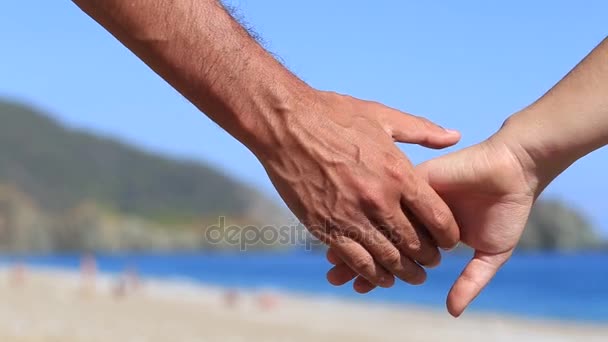 Пара рук держатся вместе на естественном морском фоне, крупным планом — стоковое видео