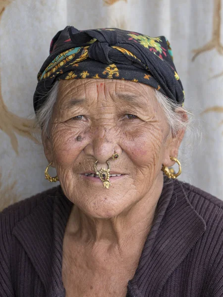 通りカトマンズ、ネパールの伝統的なドレスの肖像歳の女性 — ストック写真
