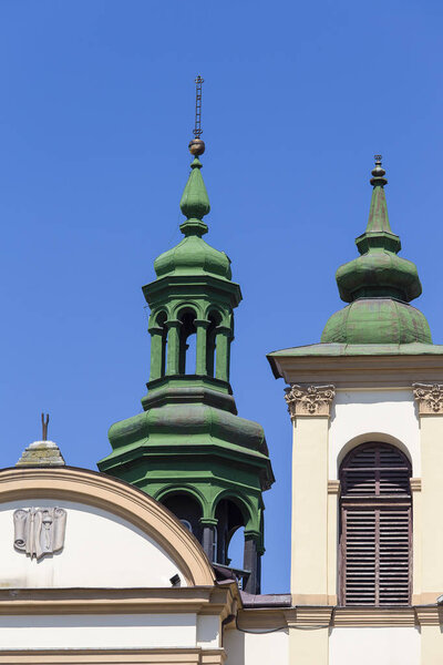 Detail green domes church of Virgin Mary in Ivano-Frankivsk, Ukraine.