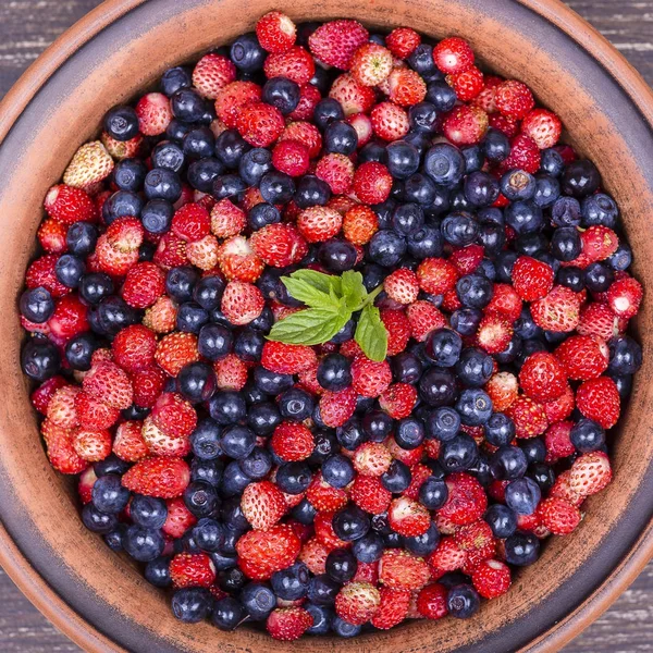 Fresh strawberries and blueberries , wild berry. Close up — Stock Photo, Image