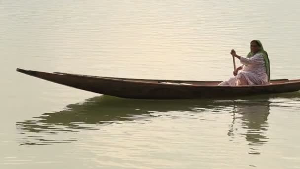 Lifestyle in Dal meer, lokale mensen gebruik maken van Shikara, een kleine boot voor vervoer in de lake van Srinagar, de staat van Jammu en Kasjmir, India — Stockvideo