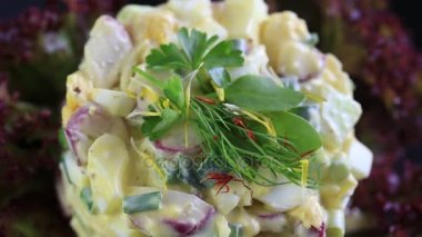 Bir turp, yeşil soğan, salatalık ve marul yaprakları üzerinde mayonez haşlanmış yumurta dan taze salata döner. Yakın çekim
