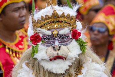 Bali dili adam Hanuman sokak törenle Gianyar, Adası Bali, Endonezya için maske giymiş
