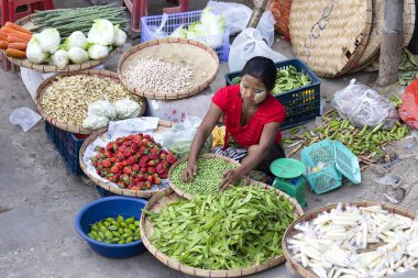 Kadın satmak meyve ve sebze sokak gıda pazarında Şehir Merkezi, Yangon, Myanmar, Myanmar