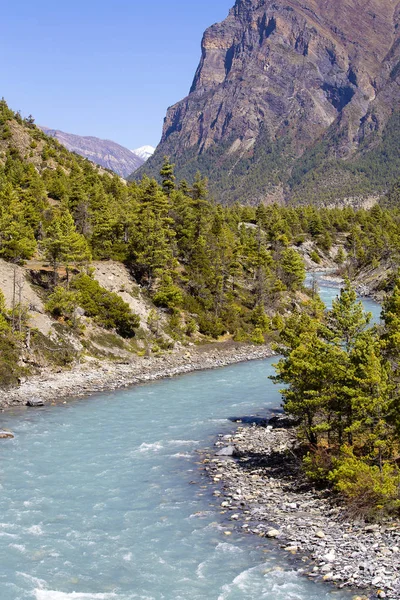 Güzel dağ manzarası Annapurna bölge, Nepal Himalayalar. Nepal yazın güneşli günü. Büyük dağ, mavi nehir ve temiz hava. — Stok fotoğraf