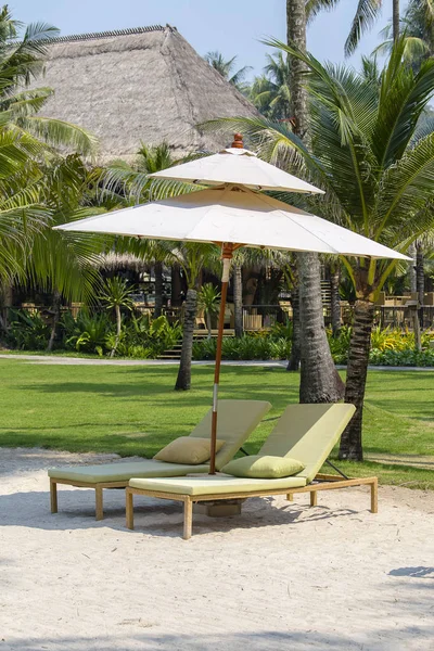 Camas de sol estão na praia e palmeiras, Tailândia — Fotografia de Stock