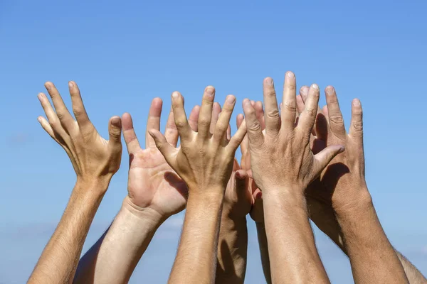 Group of people pulling hands in the air in sunlight. Many hands against blue sky background — Stock Photo, Image