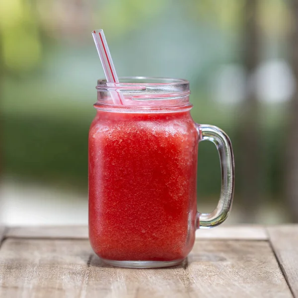 Fresh organic watermelon smoothie in glass mug , close up — Stock Photo, Image