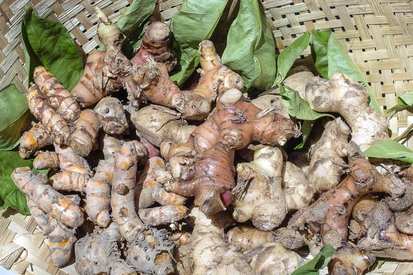 Raízes orgânicas, frescas, cruas de gengibre e açafrão para venda em um mercado local de agricultores em Bali, Indonésia. Fechar — Fotografia de Stock