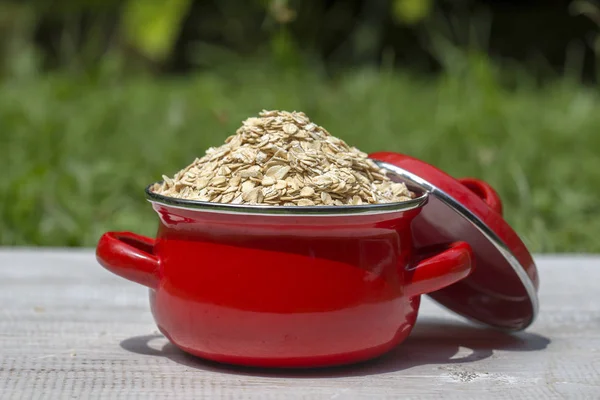 Red pan with dry oat flakes — Stock Photo, Image