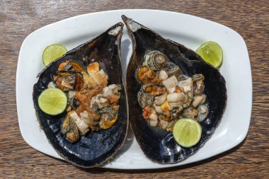 Büyük bir deniz kabuğundaki çiğ istiridye eti, Doğu Afrika 'daki Zanzibar adasındaki yerel bir restoranda yemek için servis ediliyor.