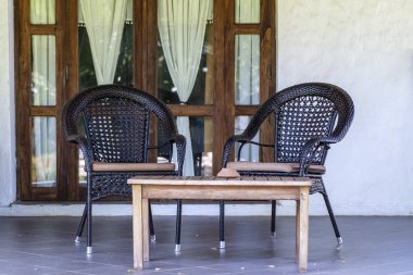 Beautiful terrace with two deck chair near tropical beach near the sea of Zanzibar island, Tanzania, Africa