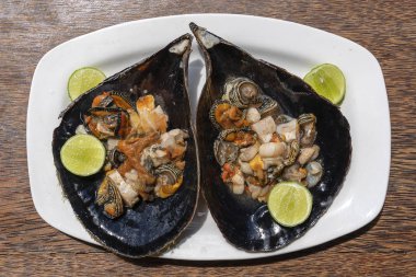 Büyük bir deniz kabuğundaki çiğ istiridye eti, Doğu Afrika 'daki Zanzibar adasındaki yerel bir restoranda yemek için servis ediliyor.