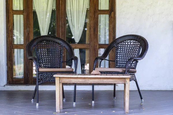 Beautiful terrace with two deck chair near tropical beach near the sea of Zanzibar island, Tanzania, Africa — Stockfoto