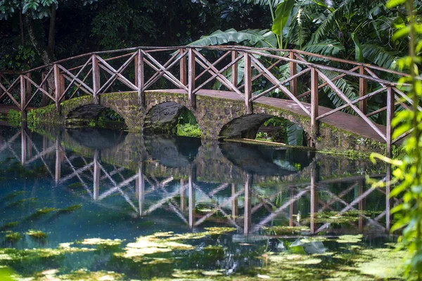 Bågbro på en sjö med eftertanke, Tanzania, Afrika. Gångbro över en damm — Stockfoto