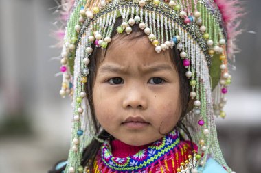 Sapa, Vietnam - march 02, 2020 : Ethnic Hmong young girl on the street in Sapa region, North Vietnam