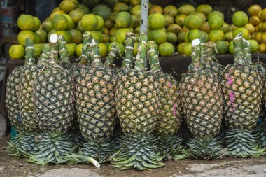 Çiğ ananas ve mango, Doğu Afrika 'nın Zanzibar adasındaki yerel bir sokak gıda pazarında satılıyor.