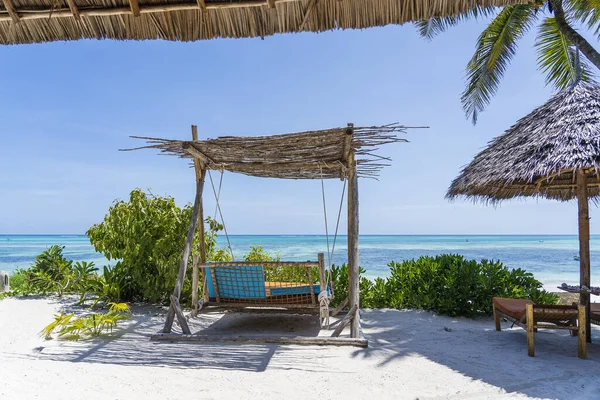Balanço Madeira Sob Dossel Praia Tropical Perto Mar Ilha Zanzibar — Fotografia de Stock
