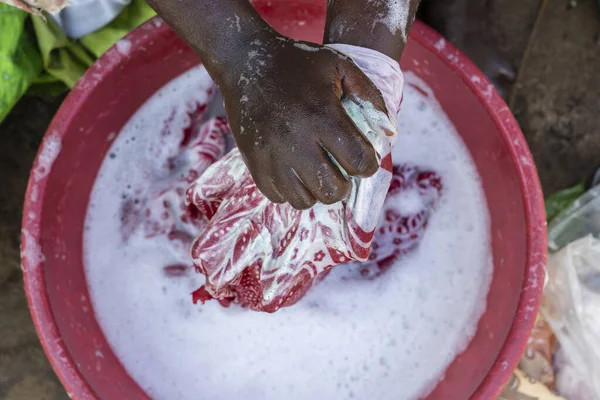 African Female Hands Washing Clothes Basin Street Home Zanzibar Island — Stock Photo, Image