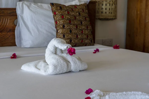 白いバスタオルから美しい白鳥は ベッドの上で飾る ザンジバル タンザニア アフリカの島のホテルからの素敵な挨拶 — ストック写真