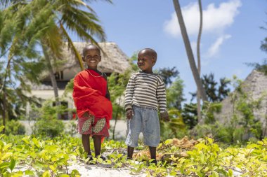 Zanzibar, Tanzanya - 11 Kasım 2019: Zanzibar Adası, Tanzanya, Doğu Afrika 'daki tropik plajda iki Afrikalı çocuk