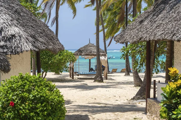 Casas Tropicales Palmeras Coco Una Playa Arena Cerca Del Mar — Foto de Stock