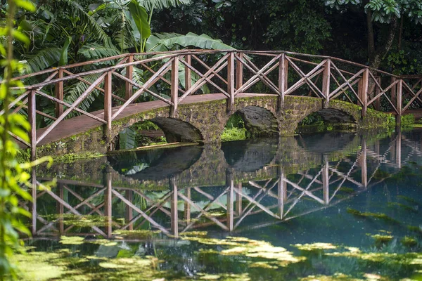 Puente Arqueado Sobre Lago Con Reflexión Tanzania África Oriental Pasarela — Foto de Stock