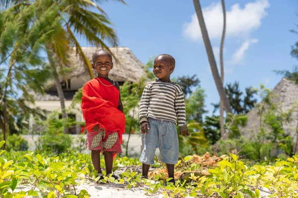 Zanzibar Tanzania November 2019 Two African Masai Children Tropical Beach — Stock Photo, Image