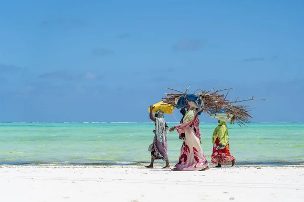 Zanzibar Tanzania November 2019 African Women Carry Wooden Sticks Sand — Stock Photo, Image