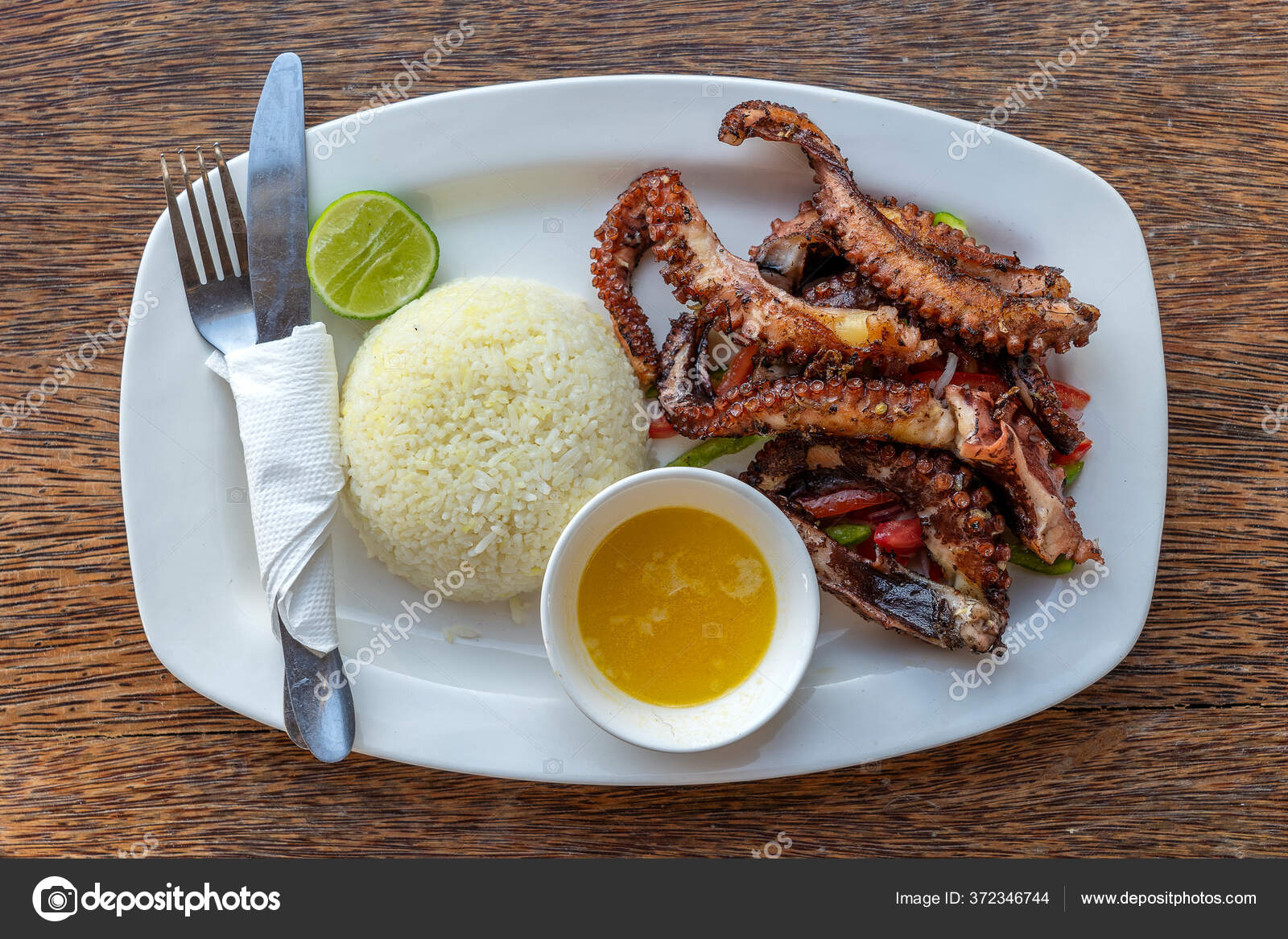 Fried Octopus Tentacles White Rice Plate Restaurant Island Zanzibar