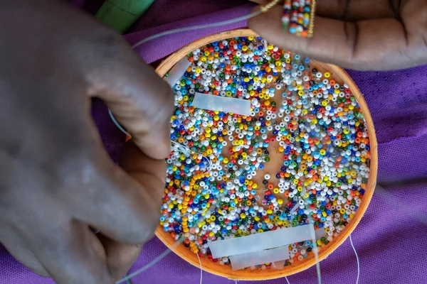 Making Handmade Jewellery Box Beads African Women Hands Top View — Stock Photo, Image