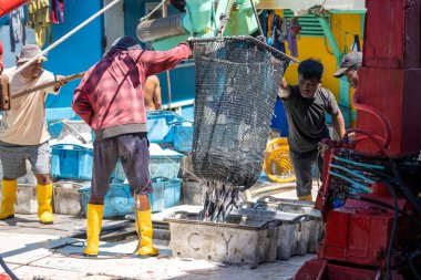 Kota Kinabalu, Malezya - 25 Şubat 2020: Malezyalı balıkçılar taze avlanan balıkları bir gemiden Kota Kinabalu, Sabah, Malezya 'daki sokak filipin pazarındaki plastik konteynırlara yüklüyorlar