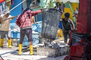 Kota Kinabalu, Malezya - 25 Şubat 2020: Malezyalı balıkçılar taze avlanan balıkları bir gemiden Kota Kinabalu, Sabah, Malezya 'daki sokak filipin pazarındaki plastik konteynırlara yüklüyorlar