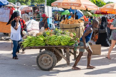 Zanzibar, Tanzanya - 14 Kasım 2019: Afrikalı bir adam Doğu Afrika 'daki Tanzanya' nın Zanzibar adasındaki yerel bir sokak gıda pazarında tropikal meyve arabası taşıyor