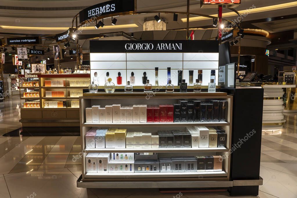 Muscat, Oman - january 19, 2020 : Giorgio Armani stand at the Muscat international airport, Oman. Giorgio Armani is one of the most famous prestigious brands around the world