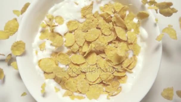 Super langsam mo 960fps Cornflakes fallen in Milch Draufsicht — Stockvideo