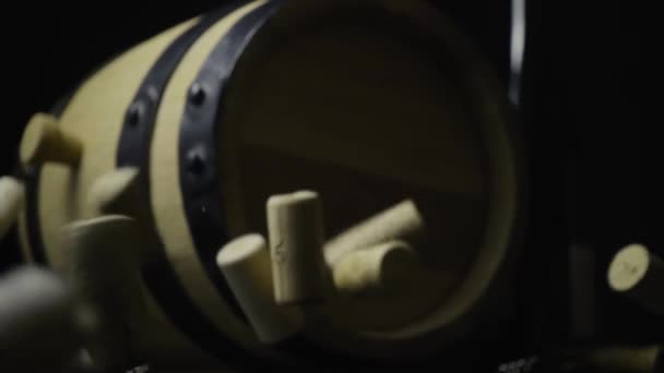 Slow mo fall on a background of wine corks wine barrel — Stock Video